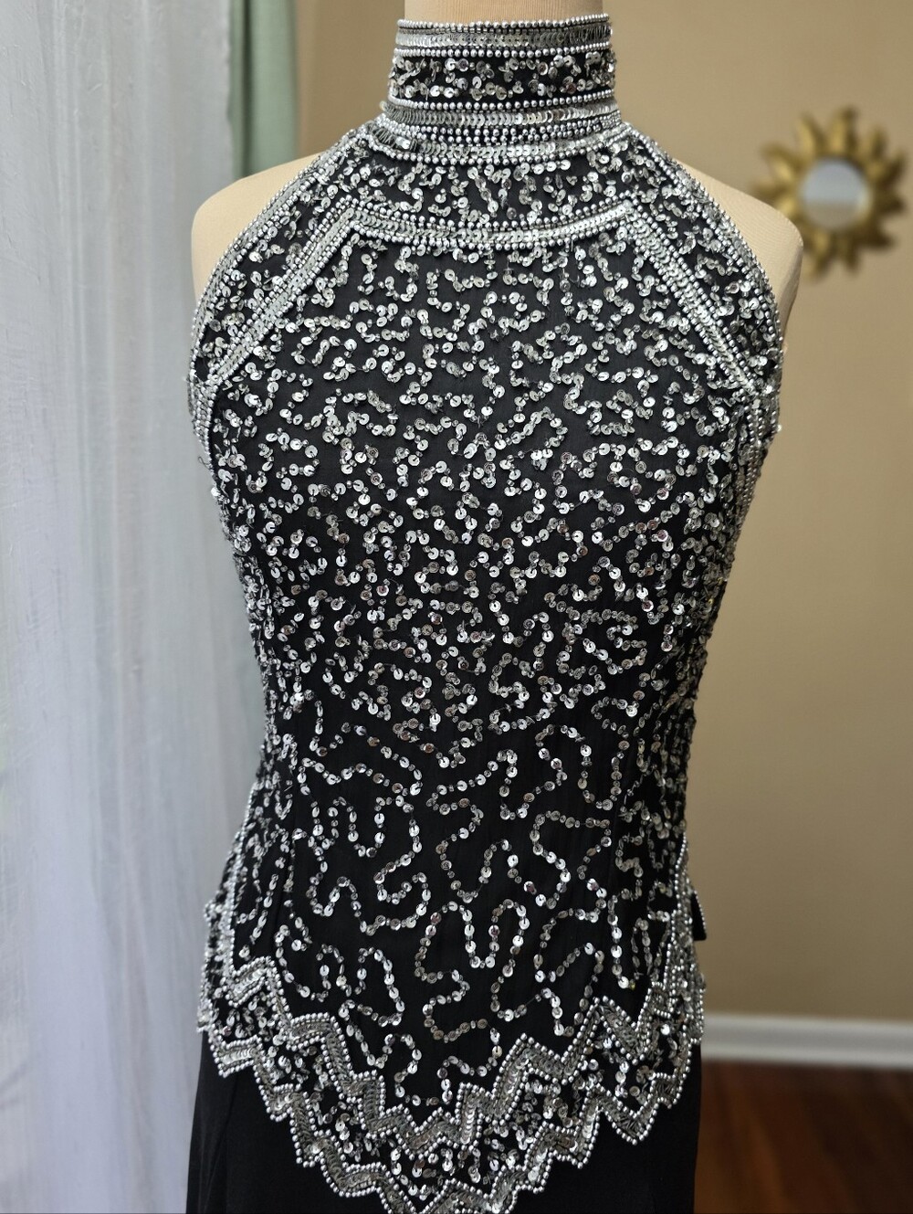 Vintage Lawrence Kazar 100% Silk Sequin Beaded Halter Top Black Silver Small